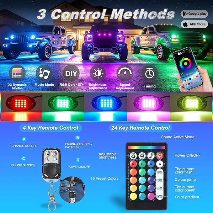 12Pods RGB LED Rock Lights for Trucks Pickup Jeep UTV ATV SXS Offroad, Multicolor Underglow Light Kit with APP/RF Remote Dual Zone,Plug and Play&Pre Wired 12V Vehicle Underbody Accent Light Waterproof