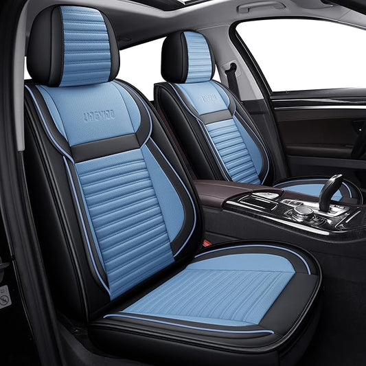 LINGVIDO Front Car Seat Covers, Faux Nappa Leather, Airbag Compatible and Waterproof Protectors for Sedans SUVs, Breathable Anti-Slip Interior for Commuters and Rideshare, Black/Light Blue
