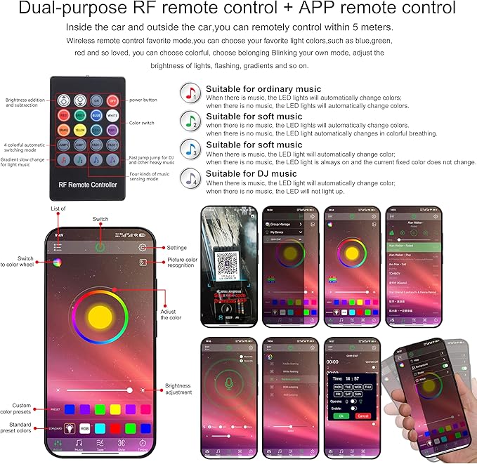 3 Meters Optic Fiber Car Ambient Lighting with Bluetooth App Control + RF Remote Control 64 Colors Multicoloured Music Interior Lighting Kit DC 12V 1W