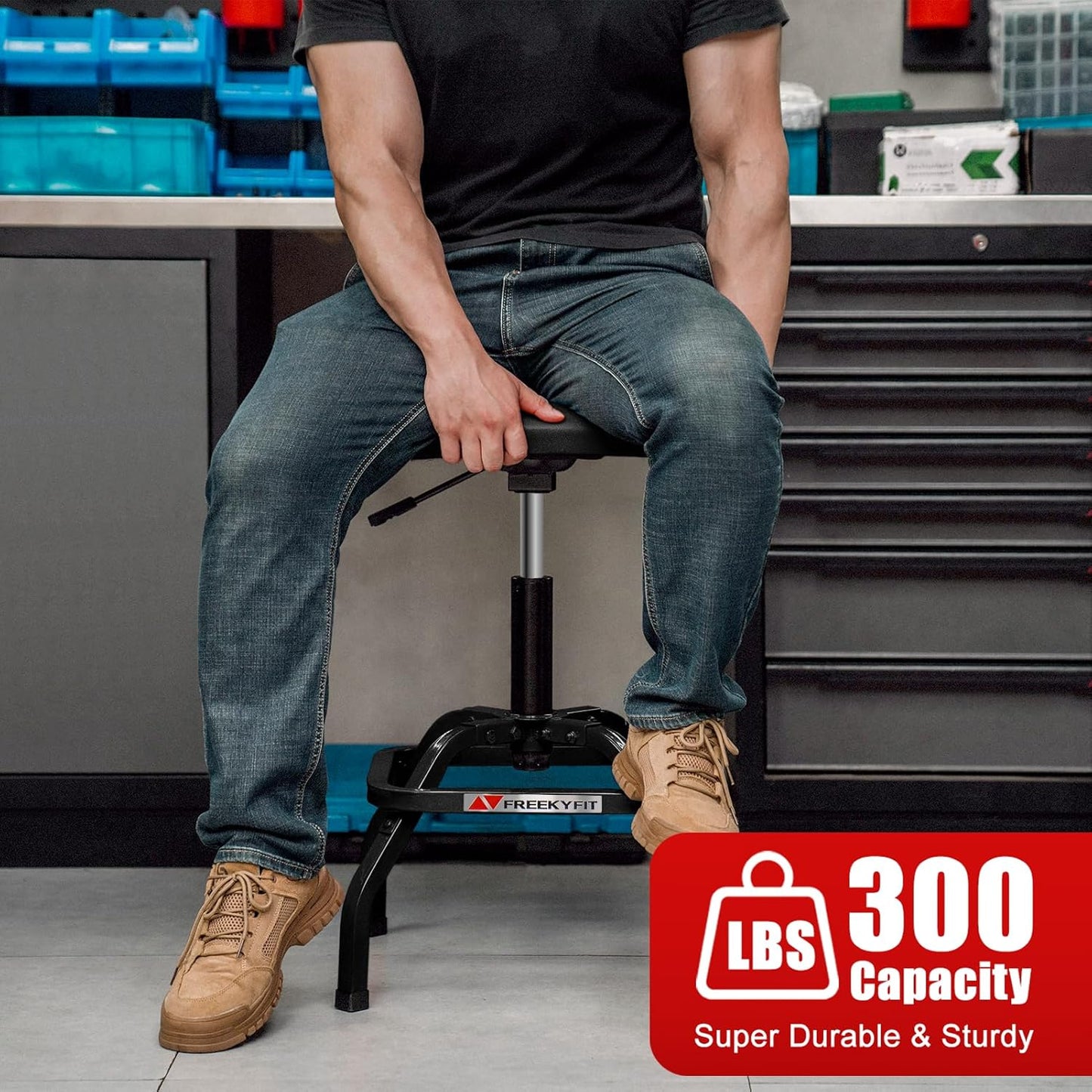 Shop Stool with Backrest, Mechanic Garage Stool for Workshop, Adjustable Shop Stools Chair, Padded Workbench Stools for Men Women, 300 LBS Capacity, 360° Swivel PVC Seat, Heavy Duty, Black