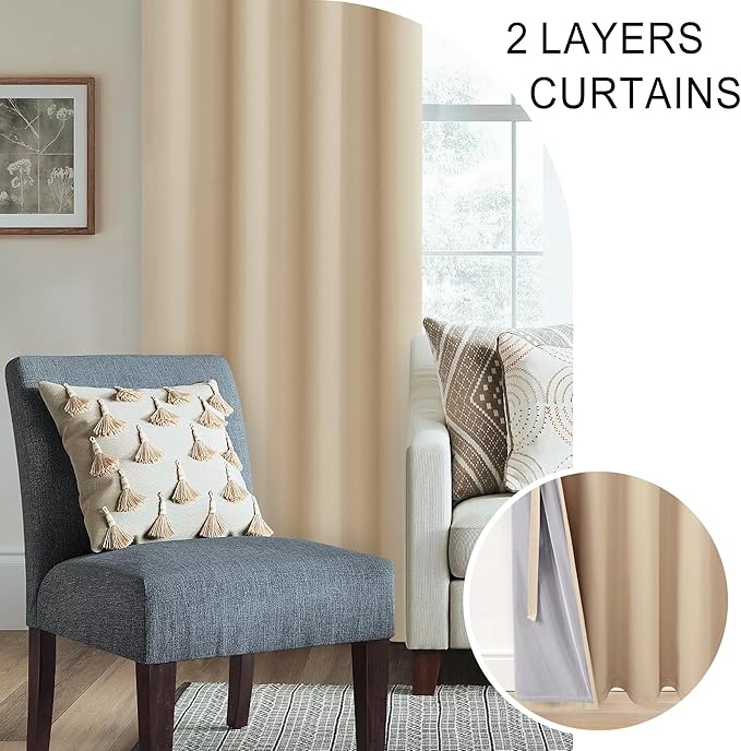 XWZO 100% Blackout Curtains 2 Panels Set - Thermal Insulated Black Liner Curtains, Noise Reducing and Heat Blocking Drapes for Bedroom and Studio Windows with Tiebacks, Biscotti Beige, W70 x L63