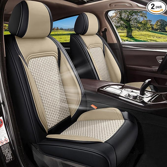 Car Seat Covers Front Seats for Acura TL 2004-2014, Breathable Cooling Ice Silk Leather Car Seat Covers, 2 Seats Vehicle Seat Protector Seat Cushion Auto Accessories (Black&Beige)