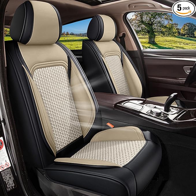 Car Seat Covers Full Set for Hyundai Santa Fe 2007-2024 2025 2026 - Breathable Cooling Ice Silk Leather Seat Cover - 5 Seats Vehicle Seat Cushion (Black&Beige)