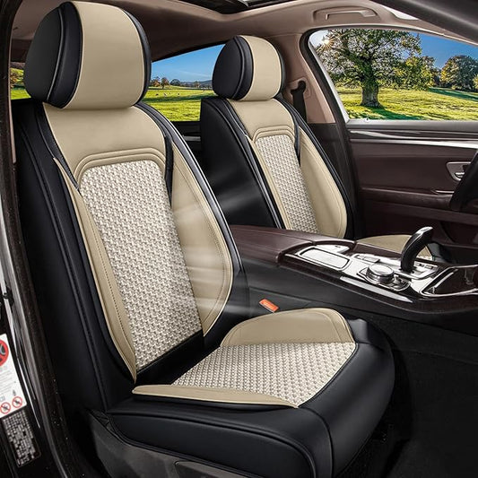 Car Seat Covers for Honda Accord 2003-2017, Breathable Cooling Ice Silk Leather, 2 Front Seats Vehicle Protector Cushion Auto Accessories (Black&Beige)
