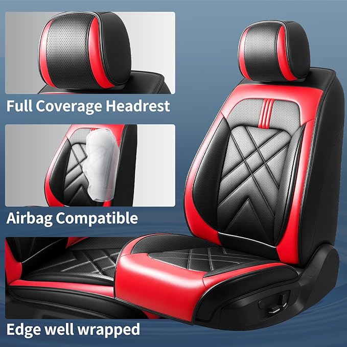 Car Seat Covers Fit for Mazda 3 2007-2025 2026, Premium Leather, Full Coverage Leather Waterproof Breathable Seat Cover, Automotive Seat Protectors, Airbag Compatible(Full Set Seats, Black Red)