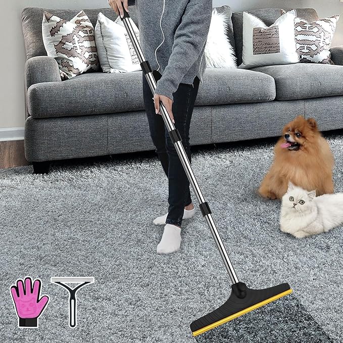B-Land Carpet Rake for Pet Hair Removal, Reusable Pet Hair Remover with 60” Adjustable Long Handle, Carpet Scraper Dog Cat Hair Remover Tool for Rugs, Mats