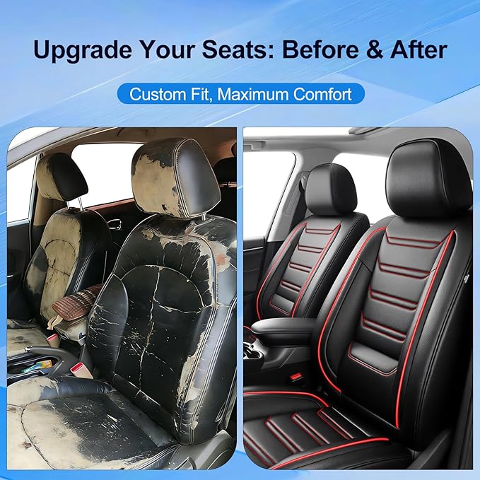 Fit Colorado Car Seat Covers for Select Chevy/Chevrolet Colorado 2015-2026 - Premium Full Coverage Leather, Waterproof & All Weather Seat Cushion Protector, Full Set, Black with Red Trim