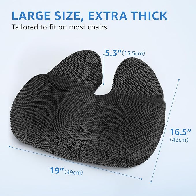 Sytopia Extra Large Office Chair Cushion, 19" x 17" Ergonomic Memory Foam Seat Cushion, Pressure Relief for Tailbone Pain, Sciatica & Hip Pain, Booster Pad for Sitting & Driving, Black