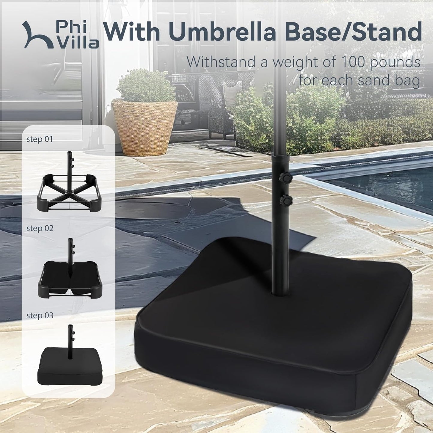 PHI VILLA 15ft Large Patio Umbrellas with Base, Outdoor Double-Sided Rectangle Market Umbrella for Pool Lawn Garden, Haze Blue
