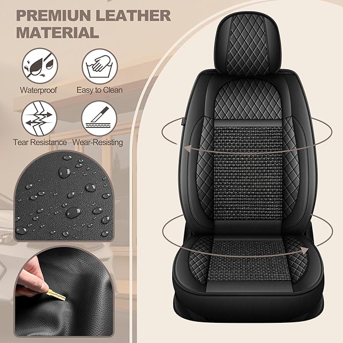 TTX LIGHTING for Jeep Grand Cherokee 2005-2026 Car Seat Covers, Breathable Ice Silk & Leather Seat Protector, Cool & Anti-Sweat for Long Driving, Airbag Compatible, 2 Front Seats (Black)