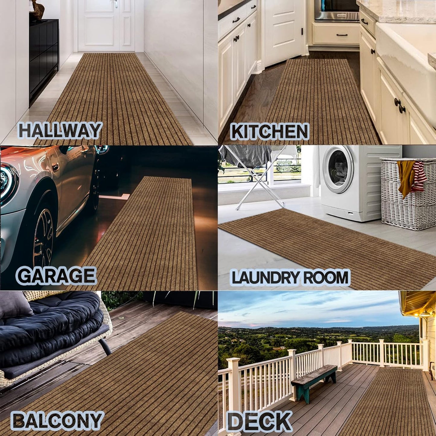 Custom Size Backed Non-Slip Area Rugs Runner, Easy Clean, Waterproof Runner Rugs for Hallway Entryway, Kitchen, Laundry, 2FT x 54FT, Brown Stripe