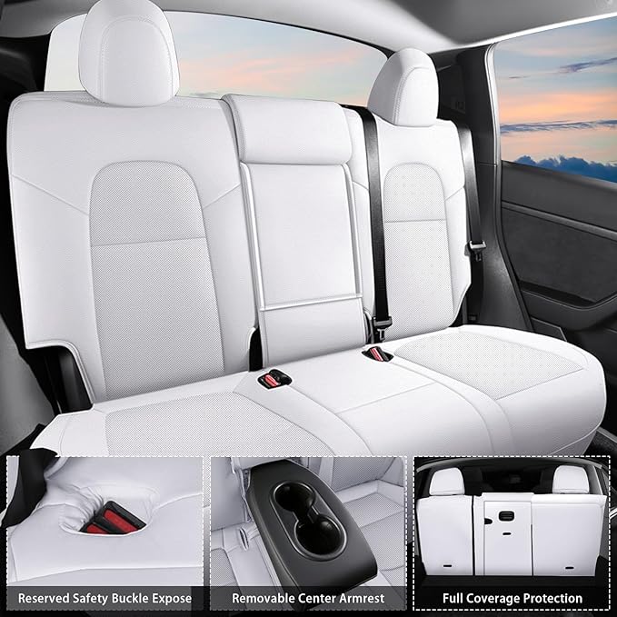AOMSAZTO Car Seat Cover for Tesla Model Y 2020 2021 2022 - Full Set Customized White Seat Covers (with Armrest Cover)