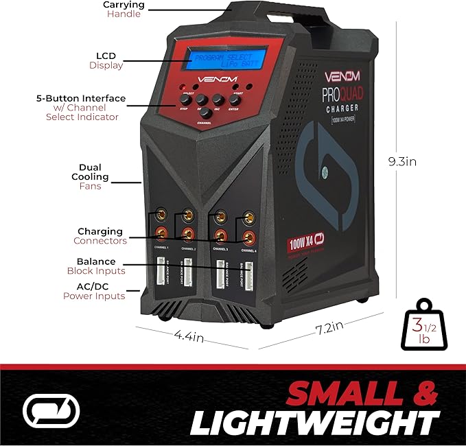 Venom Power - Pro Quad LiPo Battery Fast Charger with LCD Screen - 4 Ports at 100W Each - AC DC 7A Fast NiMH LiHV LiPo Balance Charger Discharger 1S to 6S, Drone, RC Car Battery Charger