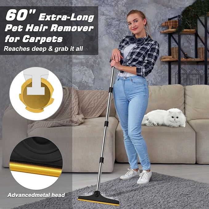 B-Land Carpet Rake for Pet Hair Removal, Reusable Pet Hair Remover with 60” Adjustable Long Handle, Carpet Scraper Dog Cat Hair Remover Tool for Rugs, Mats