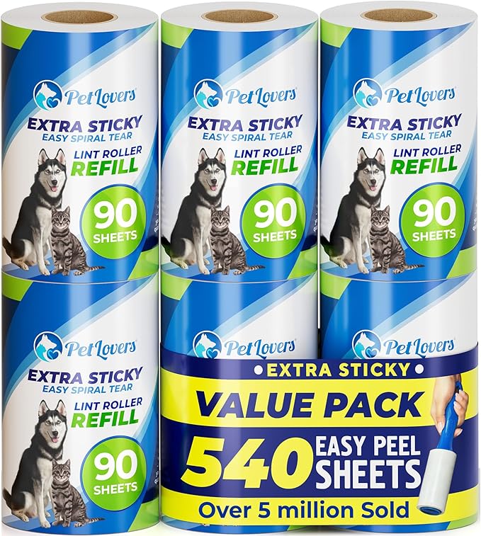 PetLovers Extra Sticky Lint Roller 6 Pack of Refills Only - No Handle Included - 90 Sheets Per Refill 540 Sheets Total