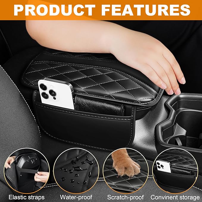 Car Center Console Cover Fit for Jeep Wrangler - Leather Armrest Covers with 2 Storage Pockets(Black)
