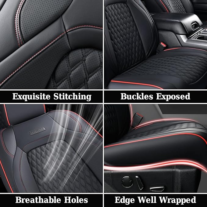 Coverado JK Seat Covers for Jeep Wrangler, Custom Fit for Pickup Truck Jeep Wrangler Seat Covers 2/4 Door, Waterproof Leather Car Seat Covers Cushions for Jeep Wrangler Accessories 2013-2017(Red Line)