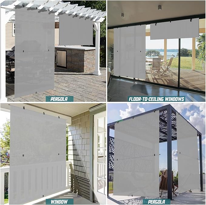 Bynbbur 7'W x 9.5'H Outdoor Patio Shades Foldable Roller Blinds, 220 GSM Sun Shade Roll Up Porch Screens Exterior Shade Cloth for Deck Pergola Backyard, Light Gray