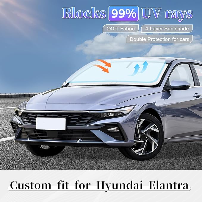 Sun Shade Sunshade for Hyundai Elantra 2021-2024 2025 2026 Windshield Cover, 4-Layer Front Window Shade Custom fit Elantra Sun Visor 240T Retractable Shade Blocks UV Rays Cooler Car Accessorie