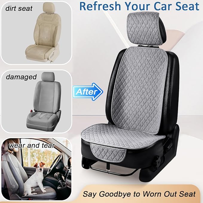 1 Pack Linen Car Seat Cover Front Seat Covers Soft & Breathable Front Premium Covers with Non-Slip Protector Universal Fits Most Automotive, Vans, SUVs, Trucks (1Pack Light Grey)