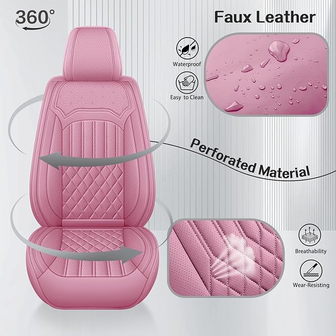 Car Seat Covers for Genesis GV70 2022-2025 2026, Full Set Nappa Leather Waterproof Breathable Anti-Slip Airbag Compatible Car Seats Protector, Car Interior Seats Cover (Pink,+Pillow)