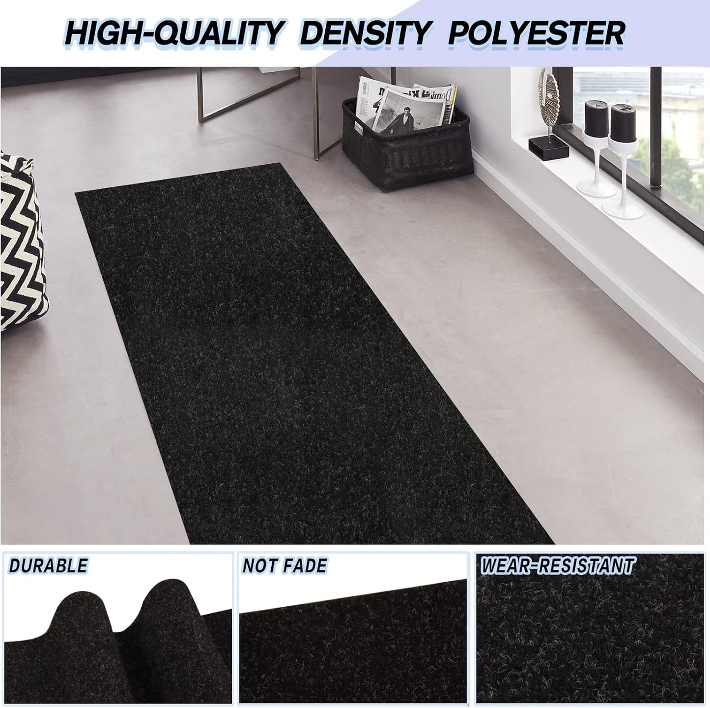 Custom Size Backed Non-Slip Area Rugs Runner, Easy Clean, Waterproof Runner Rugs for Hallway Entryway, Kitchen, Laundry, 4FT x 80FT, Black