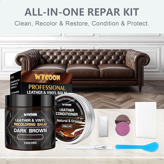 Leather Recoloring Balm with 100ml Mink Oil Conditioner | Light Brown Repair Kit, Dye & Color Restorer for Furniture, Sofa,Car Seats, Bags | Restore Faded & Scratched Surfaces