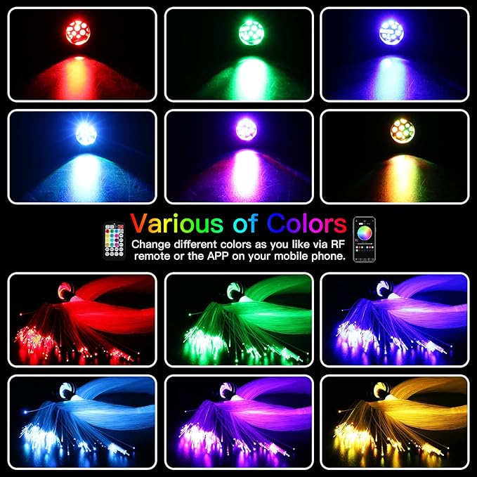 AMKI Updated 16W RGBW Fiber Optic Light Twinkle+Sound Activated Mixed 460pcs 9.8ft Cables APP Remote Music Control Car Home Starlight Headliner Star Ceiling Light Kit 0.03in 0.04in 0.06in Strands