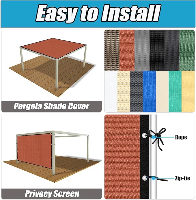 Amagenix 90% Pergola Shade Cover 5' X 5' Sun Shade Cloth with Grommets for Outdoor Garden Patio Porch, Commercial Grade 200 GSM - Cable Zip Ties Included (We Customized) GN108, Rust Red