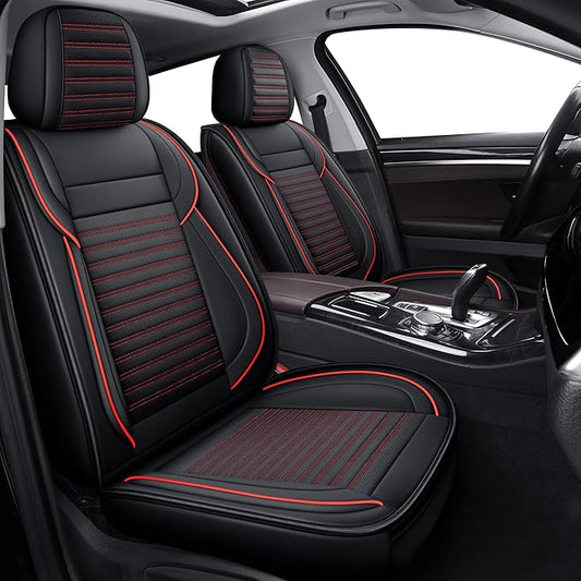 LINGVIDO Front Car Seat Covers, Faux Nappa Leather, Airbag Compatible and Waterproof Protectors for Sedans SUVs, Breathable Anti-Slip Interior for Commuters and Rideshare, Black/Red