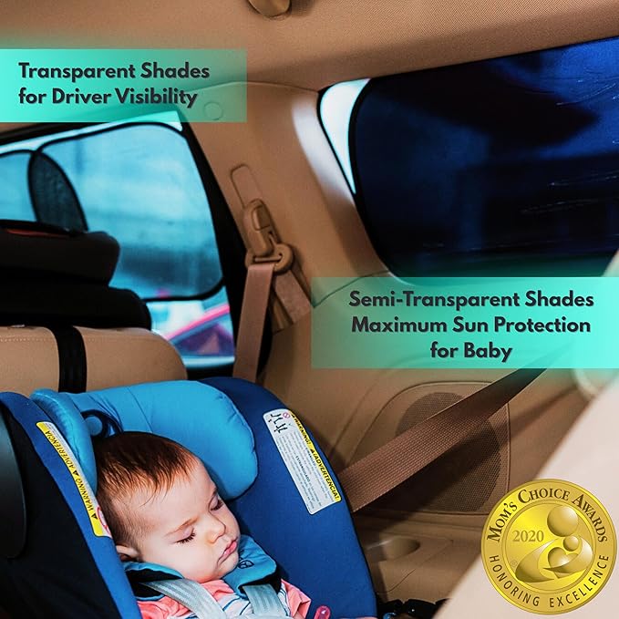 Car Window Shades - Certified 99.79% UVA & 99.95% UVB Sun Protection. Award Winning car Sun Shade for Side Windows. 4 Pack Semi Transparent 25" x 16" - Car Accessories Interior by Kinder Fluff