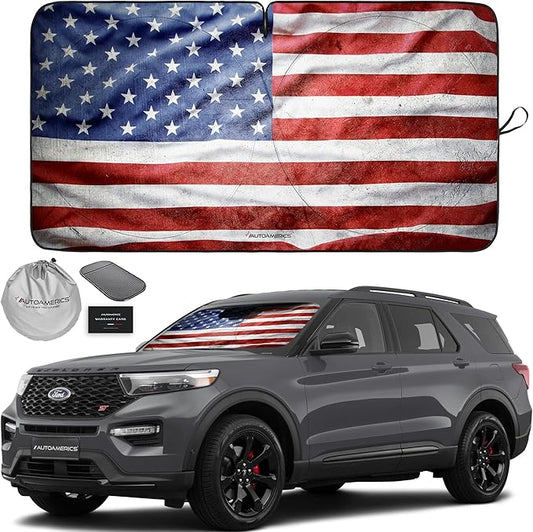 Autoamerics 1-Piece Windshield Sun Shade Grunge American Flag - 3 USA Design - Foldable Car Front Window Sunshade for Most Sedans SUV Truck - Blocks Max UV Rays and Keeps Your Vehicle Cool - Medium