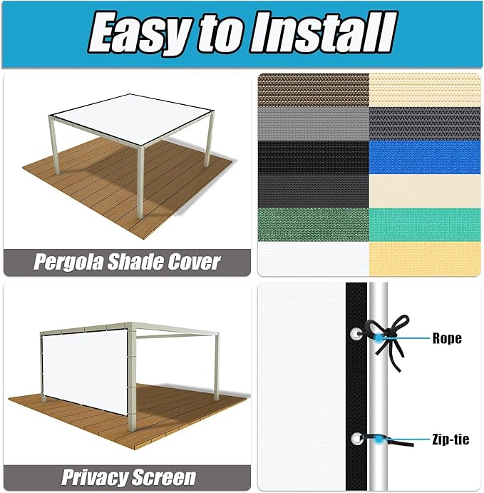 Amagenix 90% Pergola Shade Cover 13' X 13' Sun Shade Cloth with Grommets for Outdoor Garden Patio Porch, Commercial Grade 200 GSM - Cable Zip Ties Included (We Customized) GN108, White