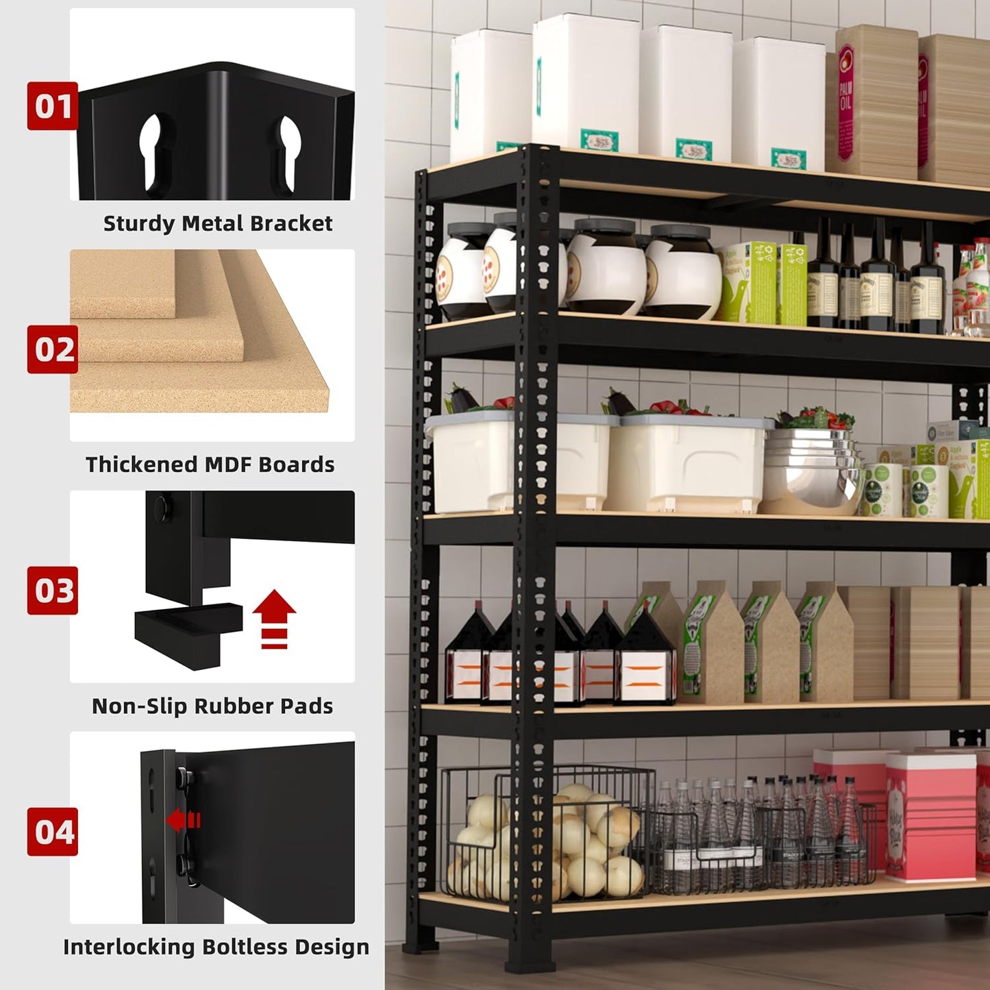 3 Packs 35.5" W x 16" D x 71" H Adjustable Garage Storage Shelves - 5-Shelf Heavy Duty Shelving Unit, Metal Utility Storage Organizer Racks for Warehouse Pantry Closet Kitchen, Black