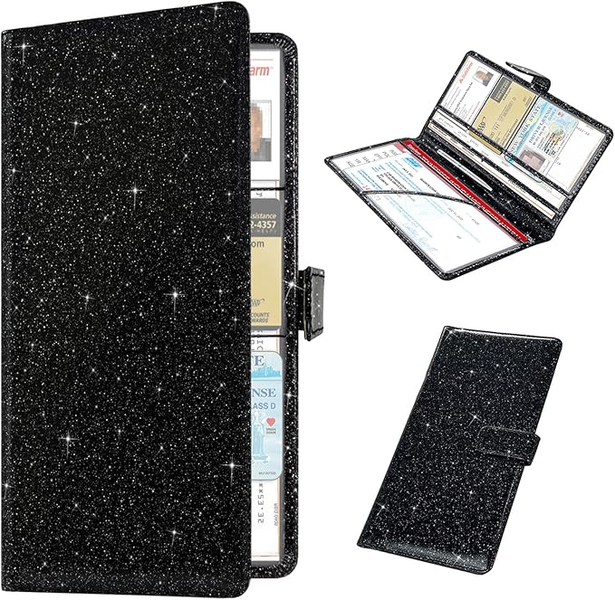 RSAquar Car Registration and Insurance Holder, Vehicle Glove Box Organizer Cool Car Accessories, Auto Truck Document Holder for Cards, Driver License, Black Glitter