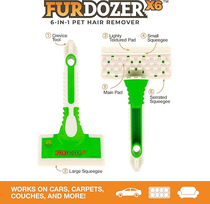 FurDozer Pet Hair Remover & Auto Detailing Tools - Cat & Dog Hair Remover for Carpets, Car Interiors, Couches, Bedding, & Pet Furniture (Green, (2 Pack) - X6)