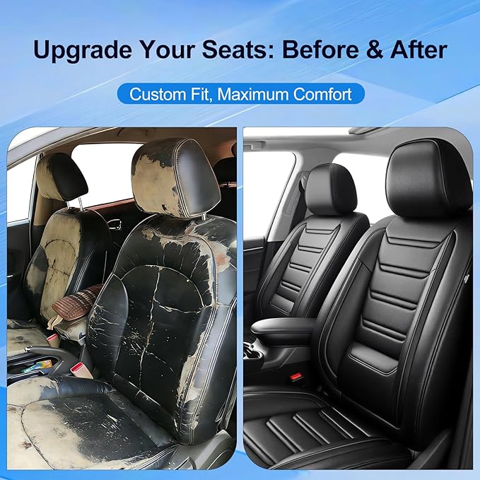 Car Seat Covers (Front Pair) for Select Honda Fit 2007-2020, Premium Full Coverage Leather, Airbag Compatible& Scratch-Resistant, Waterproof & All Weather Breathable Seat Protector, Black