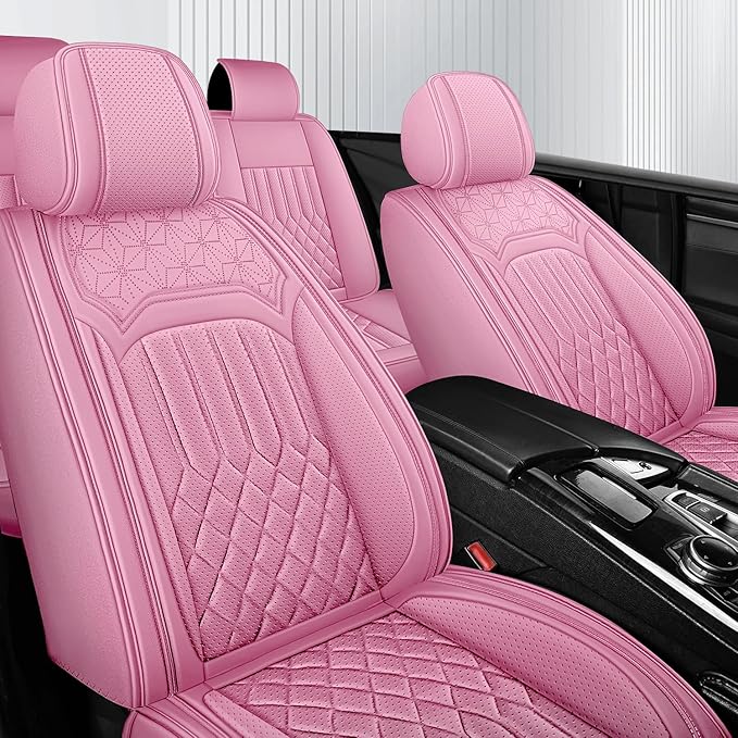 Car Seat Covers for Genesis GV70 2022-2025 2026, Full Set Nappa Leather Waterproof Breathable Anti-Slip Airbag Compatible Car Seats Protector, Car Interior Seats Cover (Pink,+Pillow)