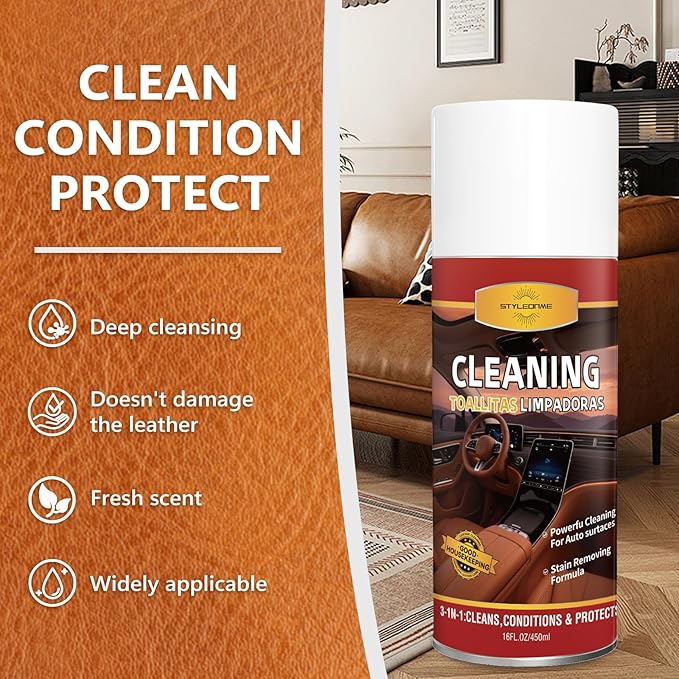 Dashboard Polish Wax, Premium Leather Cleaner & Conditioner 2 in 1 - Safe for Car Seats, Shoes, Jackets | Deep Cleaning & Moisturizing, Removes Stains/Dirt Without Damaging Leather, 16 oz(Pack of 1)