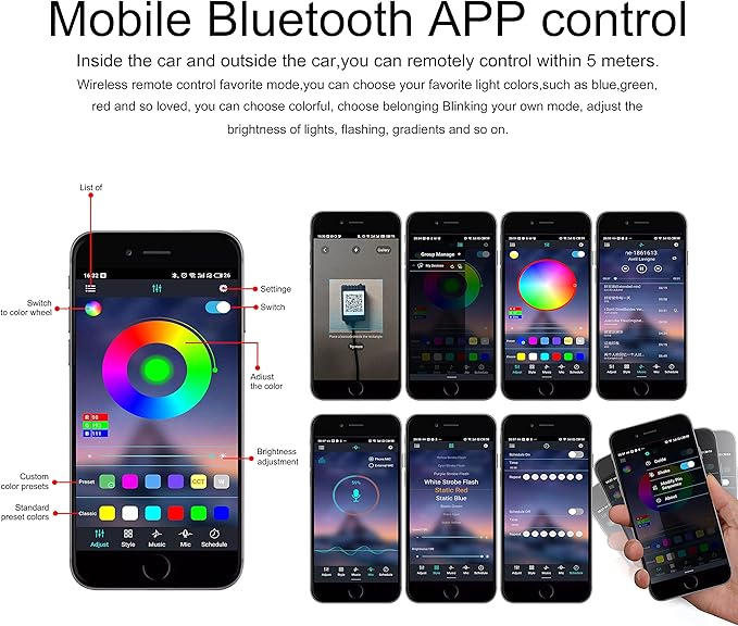64 Colors Car Ambient Lighting Fiber Optic APP Control Multicoloured Music Car Atmosphere Decorative Lighting Kit 1W DC 12V-24V 4m