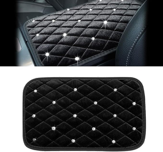 Bling Car Center Console Cover, Soft Fluffy Armrest Seat Box Cushion Pad, Crystal Diamond Arm Rest Protection Mat, Automotive Interior Decoration Accessories for Most Vehicles (Black)