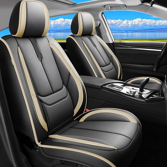 Fit Kona Car Seat Covers for Hyundai Kona 2018-2024 2025 2026 -Upgraded Premium Waterproof & Breathable Leather,Airbag Compatible,All-Weather Seat Cushion Protector,2 Front/Black-Beige