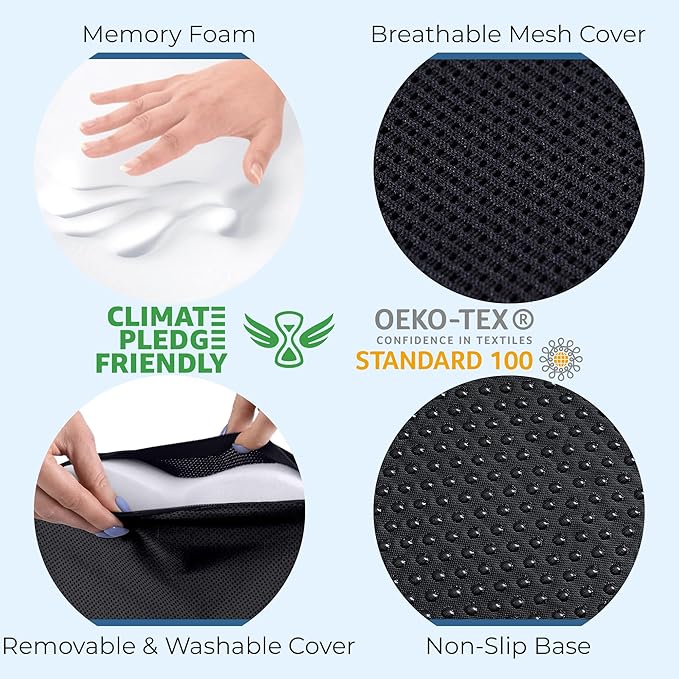 5 STARS UNITED Seat Cushion - Memory Foam&Cooling Gel Chair Cushion for Tailbone Pain Relief - Ergonomic Support for Coccyx, Sciatica & Butt - Office, Desk & Gaming Chair, Car Seat, Wheelchair, Black