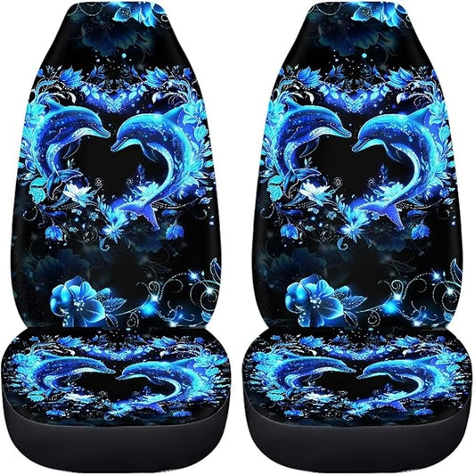 BIGCARJOB Neon Dolphin Car Seat Cover Set of 2 Pcs - Cute Dolphin Print Auto Interior Accessories, Vehicle Bucket Seat Protector, Front Seat Cushion Pads, Universal Fit