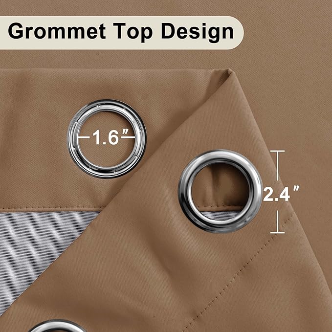 XWZO 100% Blackout Curtains with Tiebacks- 2 Thick Layers Completely Shaded Window Treatment Thermal Insulated Lined Drapes with Grommets for Bedroom/Patio Door, Cappuccino, W52 x L63, Set of 2