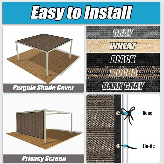 Amagenix 90% Shade Fabric 11'X 12' Mocha Sun Shade Cloth with Grommets for Pergola Replacement Shade Cover Canopy, Heavy Duty, Cable Zip Ties Included (We Customized)