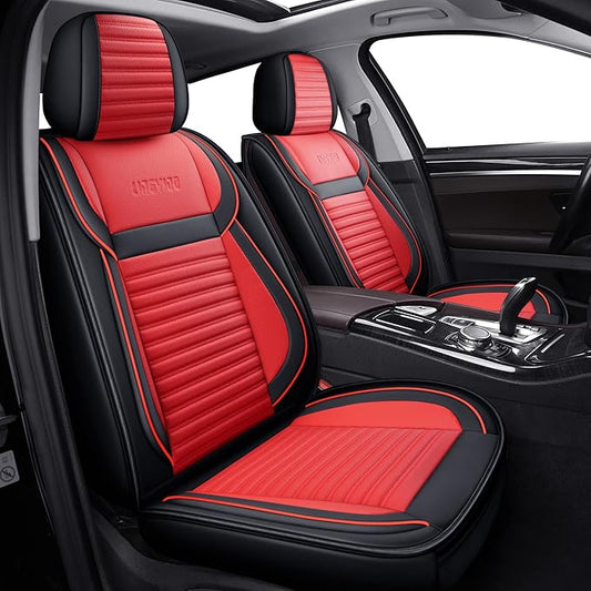 LINGVIDO Full Set Car Seat Covers, Faux Nappa Leather, Airbag Compatible and Waterproof Protectors for Sedans SUVs, Breathable Interior for Active Families, Pets, and Commuters (5 Seats, Black/Red)