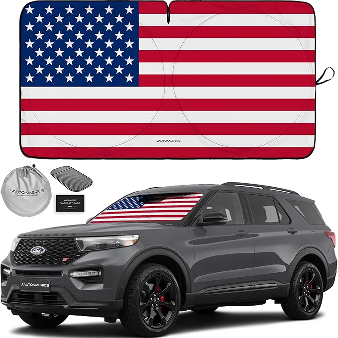 Autoamerics 1-Piece Windshield Sun Shade Original American Flag USA Patriotic Design - Foldable Car Front Window Sunshade for Sedans SUV Truck - Blocks Max UV Rays and Keeps Your Vehicle Cool - Medium