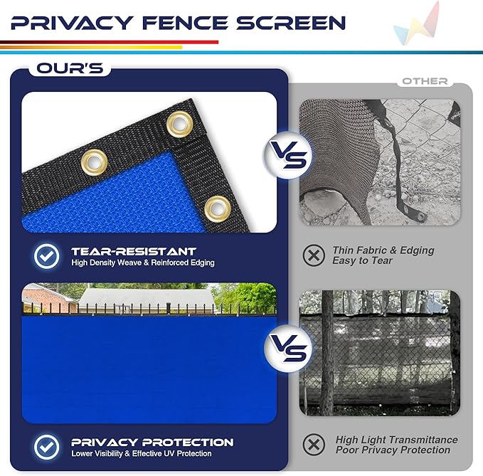 Windscreen4less Privacy Fence Screen Heavy Duty Windscreen Fencing Mesh Fabric Shade Net Cover with Brass Grommtes for Outdoor Wall Garden Yard Pool Deck, 8'x193' Blue