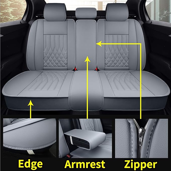 Aierxuan Rear Car Seat Covers Universal Fit for Honda Civic Accord CRV, Toyota Camry Prius Rav4 Corolla, Kia, Lexus, Nissan, Mazda, Jeep Cherokee and Most Cars, with Waterproof Leather (Grey)